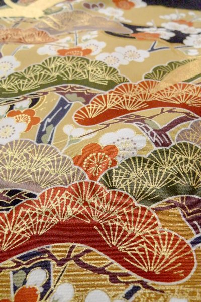 Photo14: O0510A Used Japanese kimono   Black TOMESODE formal for women / Synthetic. UME plum bloom,   (Grade C) (14)