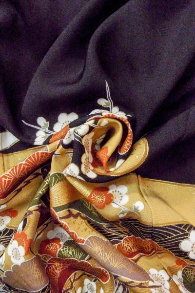 Photo16: O0510A Used Japanese kimono   Black TOMESODE formal for women / Synthetic. UME plum bloom,   (Grade C) (16)