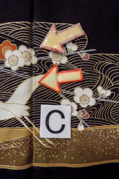 Photo20: O0510A Used Japanese kimono   Black TOMESODE formal for women / Synthetic. UME plum bloom,   (Grade C) (20)