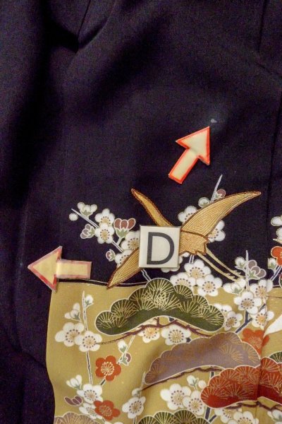 Photo21: O0510A Used Japanese kimono   Black TOMESODE formal for women / Synthetic. UME plum bloom,   (Grade C) (21)