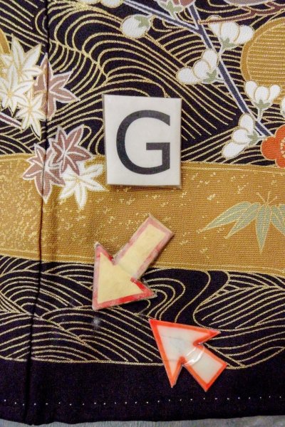 Photo24: O0510A Used Japanese kimono   Black TOMESODE formal for women / Synthetic. UME plum bloom,   (Grade C) (24)