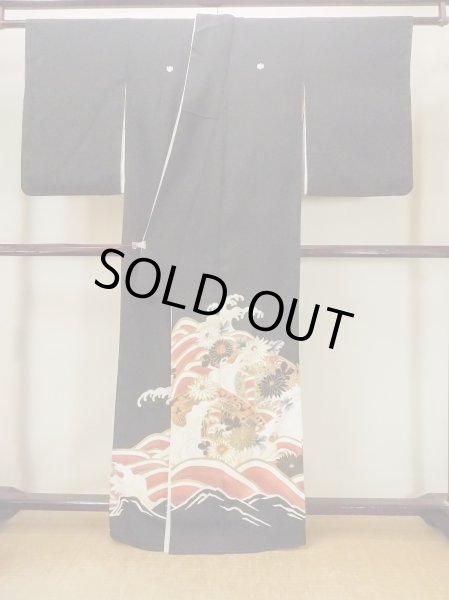 Photo2: O0510D Vintage Japanese kimono   Black TOMESODE formal for women / Silk. Chrysanthemum, There are stains all over.  (Grade D) (2)