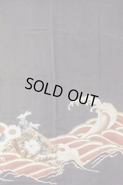 Photo6: O0510D Vintage Japanese kimono   Black TOMESODE formal for women / Silk. Chrysanthemum, There are stains all over.  (Grade D) (6)