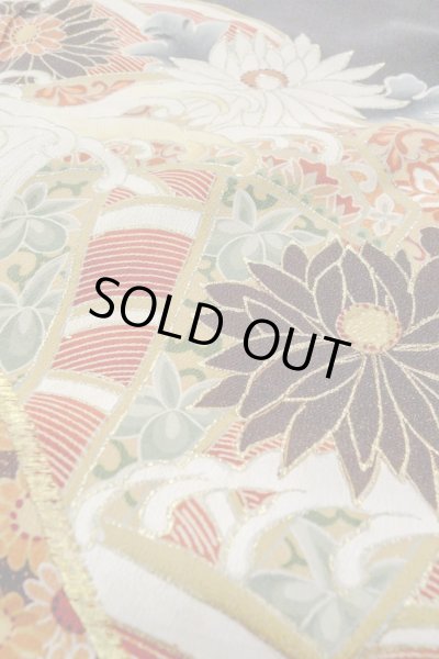 Photo13: O0510D Vintage Japanese kimono   Black TOMESODE formal for women / Silk. Chrysanthemum, There are stains all over.  (Grade D) (13)