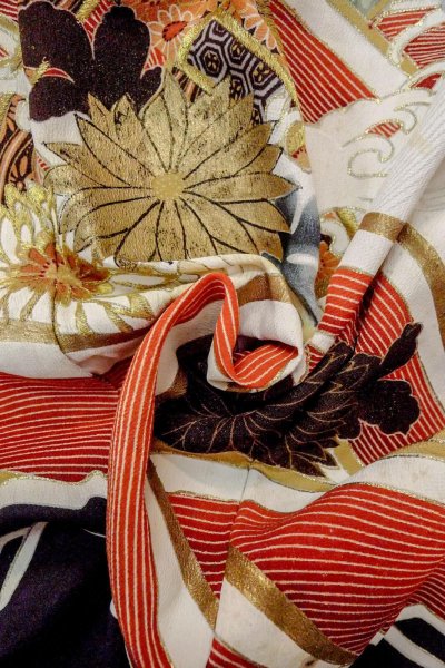 Photo16: O0510D Vintage Japanese kimono   Black TOMESODE formal for women / Silk. Chrysanthemum, There are stains all over.  (Grade D) (16)