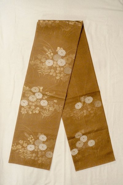 Photo1: Mint O0528A Vintage Japanese Kimono   Brown  FUKURO OBI sash Flower Silk. (Grade A) (1)