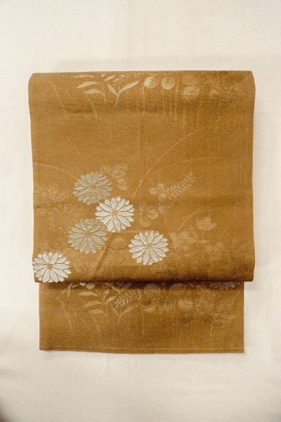 Photo2: Mint O0528A Vintage Japanese Kimono   Brown  FUKURO OBI sash Flower Silk. (Grade A) (2)