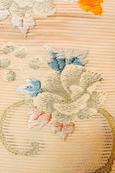 Photo6: O0528B Vintage Japanese Kimono  Pale Pink  NAGOYA OBI sash Flower Linen. (Grade B) (6)