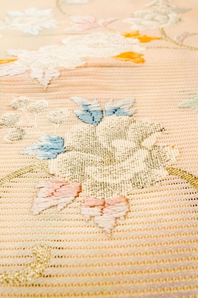 Photo9: O0528B Vintage Japanese Kimono  Pale Pink  NAGOYA OBI sash Flower Linen. (Grade B) (9)