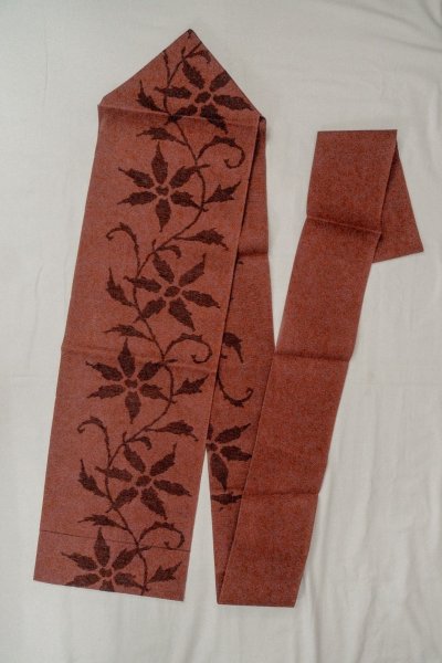 Photo1: Mint O0528D Vintage Japanese Kimono   Dark Red  NAGOYA OBI sash Flower Linen. (Grade A) (1)