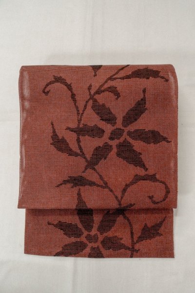 Photo2: Mint O0528D Vintage Japanese Kimono   Dark Red  NAGOYA OBI sash Flower Linen. (Grade A) (2)