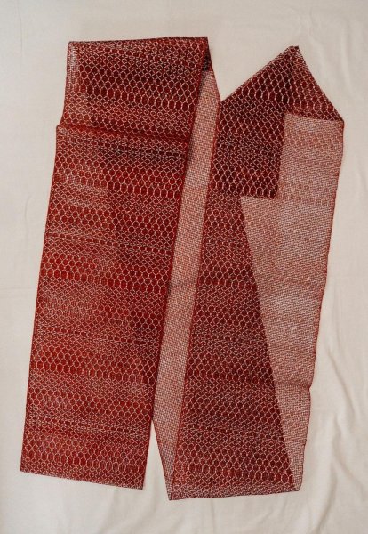 Photo1: Mint O0528E Vintage Japanese Kimono   Dark Red  FUKURO NAGOYA Obi Geometrical pattern Linen. (Grade A) (1)