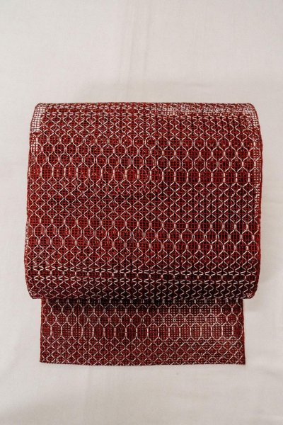 Photo2: Mint O0528E Vintage Japanese Kimono   Dark Red  FUKURO NAGOYA Obi Geometrical pattern Linen. (Grade A) (2)