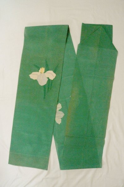 Photo1: O0528H Vintage Japanese Kimono  Vivid Green  NAGOYA OBI sash Iris Linen. (Grade C) (1)