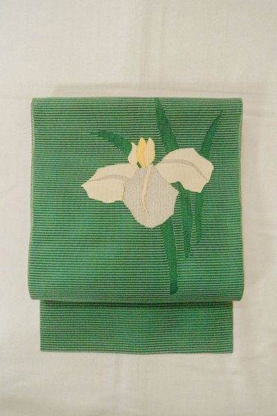 Photo2: O0528H Vintage Japanese Kimono  Vivid Green  NAGOYA OBI sash Iris Linen. (Grade C) (2)