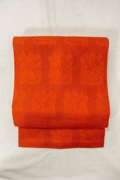 Photo2: O0528I Vintage Japanese Kimono  Vivid Orange  NAGOYA OBI sash Abstract pattern Linen. (Grade B) (2)
