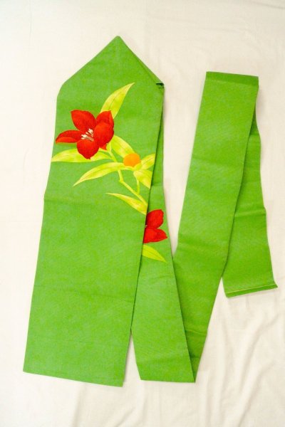 Photo1: Mint O0528J Vintage Japanese Kimono  Vivid Yellowish Green  NAGOYA OBI sash Autumn bellflower Linen. (Grade A) (1)