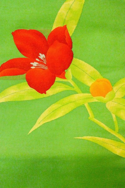 Photo3: Mint O0528J Vintage Japanese Kimono  Vivid Yellowish Green  NAGOYA OBI sash Autumn bellflower Linen. (Grade A) (3)