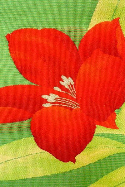 Photo5: Mint O0528J Vintage Japanese Kimono  Vivid Yellowish Green  NAGOYA OBI sash Autumn bellflower Linen. (Grade A) (5)
