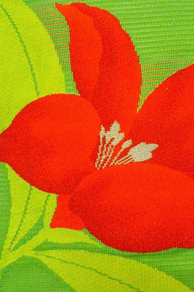 Photo7: Mint O0528J Vintage Japanese Kimono  Vivid Yellowish Green  NAGOYA OBI sash Autumn bellflower Linen. (Grade A) (7)