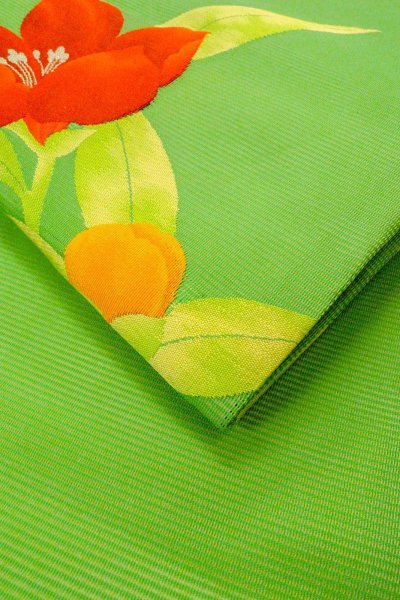 Photo11: Mint O0528J Vintage Japanese Kimono  Vivid Yellowish Green  NAGOYA OBI sash Autumn bellflower Linen. (Grade A) (11)