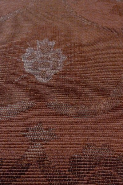 Photo9: O0528K Vintage Japanese Kimono Dark Grayish Dark Red  FUKURO NAGOYA Obi Chinz pattern Linen. (Grade A) (9)