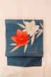 Photo2: Mint O0528L Vintage Japanese Kimono   Navy Blue  NAGOYA OBI sash Flower Linen. (Grade A) (2)