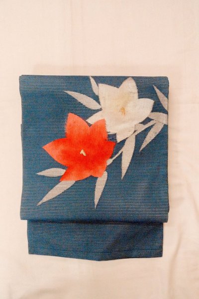 Photo2: Mint O0528L Vintage Japanese Kimono   Navy Blue  NAGOYA OBI sash Flower Linen. (Grade A) (2)