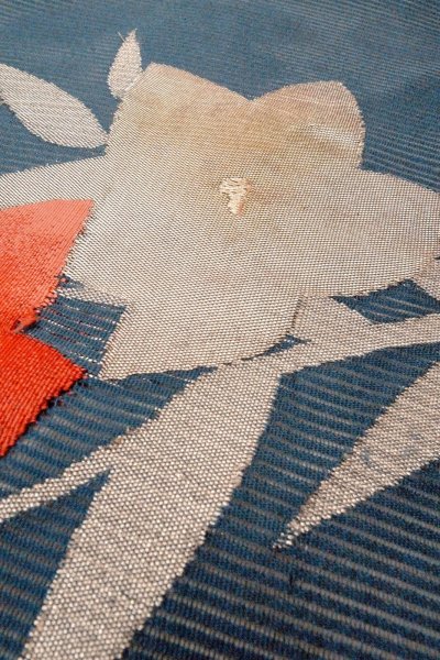 Photo8: Mint O0528L Vintage Japanese Kimono   Navy Blue  NAGOYA OBI sash Flower Linen. (Grade A) (8)