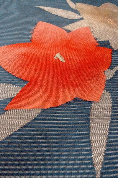 Photo9: Mint O0528L Vintage Japanese Kimono   Navy Blue  NAGOYA OBI sash Flower Linen. (Grade A) (9)