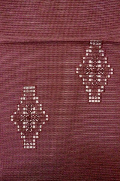 Photo5: Mint O0528N Vintage Japanese Kimono   Dark Red  FUKURO NAGOYA Obi Abstract pattern Linen. (Grade A) (5)