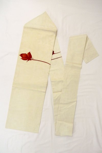 Photo1: O0528O Vintage Japanese Kimono   Off White  NAGOYA OBI sash Rose Linen. (Grade C) (1)