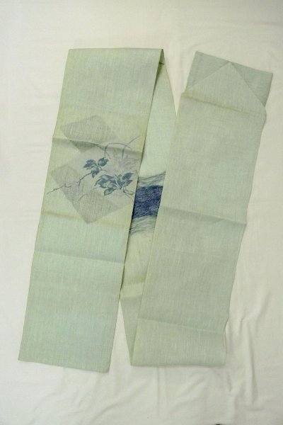 Photo1: O0528P Vintage Japanese Kimono  Pale Light Blue  FUKURO NAGOYA Obi Flower Linen. (Grade D) (1)