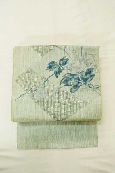 Photo2: O0528P Vintage Japanese Kimono  Pale Light Blue  FUKURO NAGOYA Obi Flower Linen. (Grade D) (2)