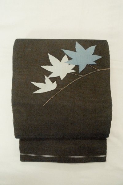 Photo2: O0528Q Vintage Japanese Kimono   Black  NAGOYA OBI sash MOMIJI maple leaf Linen. (Grade D) (2)