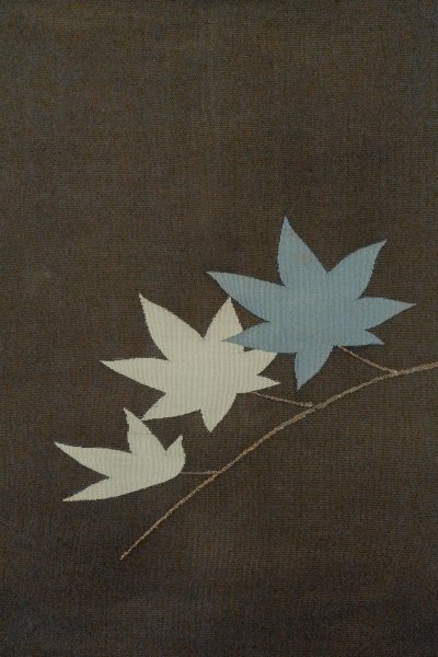Photo3: O0528Q Vintage Japanese Kimono   Black  NAGOYA OBI sash MOMIJI maple leaf Linen. (Grade D) (3)