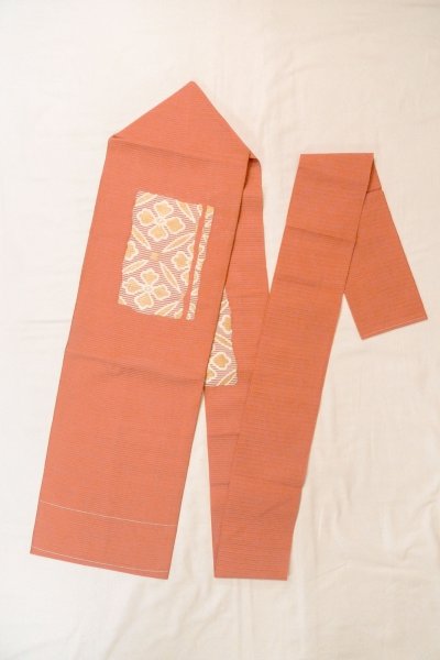 Photo1: O0528S Vintage Japanese Kimono  Pale Coral  NAGOYA OBI sash Flower Linen. (Grade C) (1)