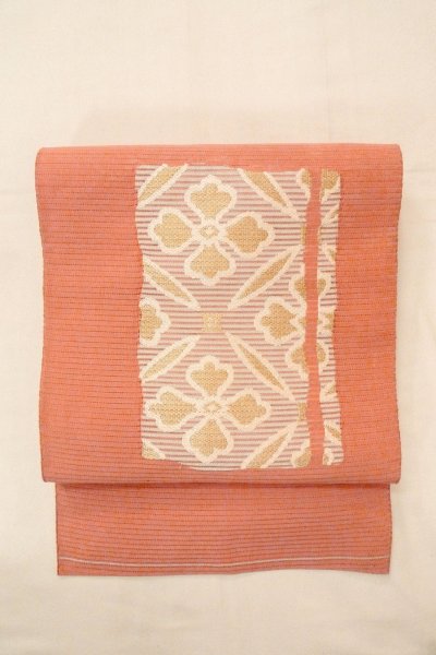 Photo2: O0528S Vintage Japanese Kimono  Pale Coral  NAGOYA OBI sash Flower Linen. (Grade C) (2)