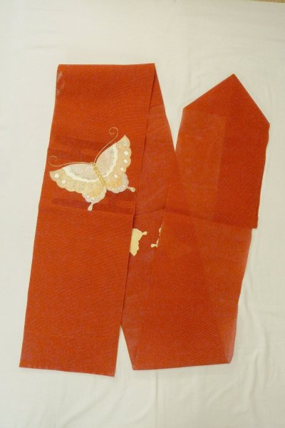 Photo1: O0528T Vintage Japanese Kimono   Vermilion  FUKURO NAGOYA Obi Butterfly Linen. (Grade B) (1)