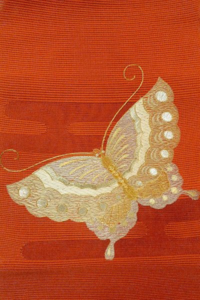 Photo3: O0528T Vintage Japanese Kimono   Vermilion  FUKURO NAGOYA Obi Butterfly Linen. (Grade B) (3)