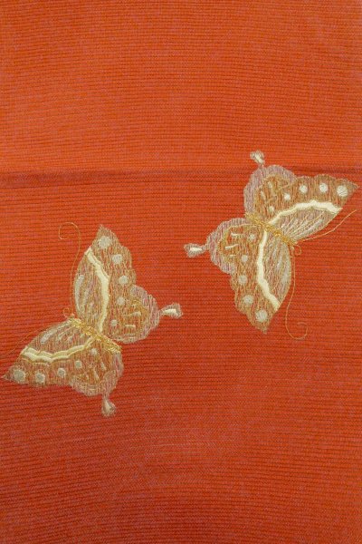 Photo5: O0528T Vintage Japanese Kimono   Vermilion  FUKURO NAGOYA Obi Butterfly Linen. (Grade B) (5)