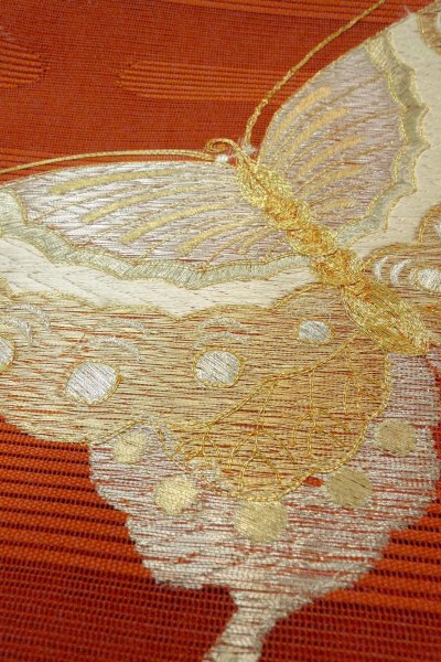 Photo9: O0528T Vintage Japanese Kimono   Vermilion  FUKURO NAGOYA Obi Butterfly Linen. (Grade B) (9)