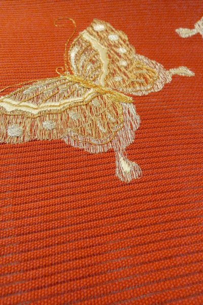 Photo10: O0528T Vintage Japanese Kimono   Vermilion  FUKURO NAGOYA Obi Butterfly Linen. (Grade B) (10)