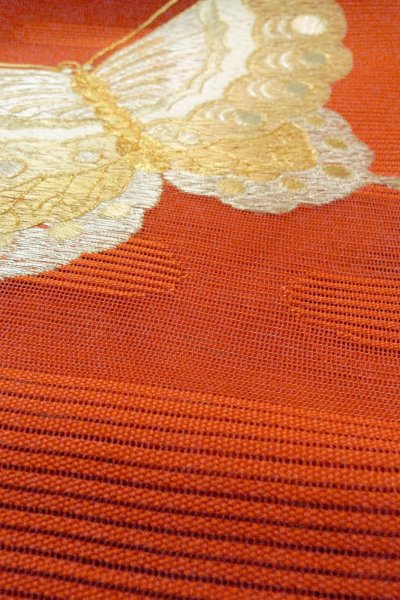 Photo11: O0528T Vintage Japanese Kimono   Vermilion  FUKURO NAGOYA Obi Butterfly Linen. (Grade B) (11)