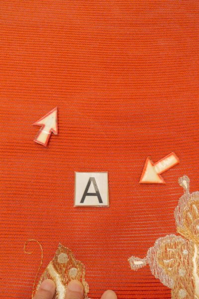 Photo13: O0528T Vintage Japanese Kimono   Vermilion  FUKURO NAGOYA Obi Butterfly Linen. (Grade B) (13)