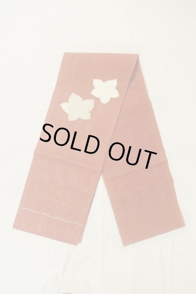 Photo1: O0528W Vintage Japanese Kimono   Vermilion  FUKURO OBI sash MOMIJI maple leaf Linen. (Grade A) (1)