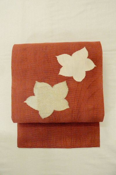 Photo2: O0528W Vintage Japanese Kimono   Vermilion  FUKURO OBI sash MOMIJI maple leaf Linen. (Grade A) (2)