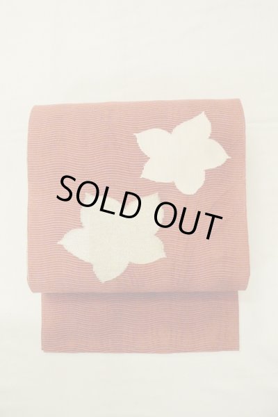 Photo2: O0528W Vintage Japanese Kimono   Vermilion  FUKURO OBI sash MOMIJI maple leaf Linen. (Grade A) (2)