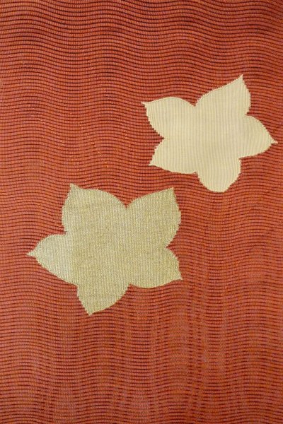 Photo3: O0528W Vintage Japanese Kimono   Vermilion  FUKURO OBI sash MOMIJI maple leaf Linen. (Grade A) (3)