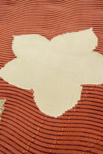 Photo8: O0528W Vintage Japanese Kimono   Vermilion  FUKURO OBI sash MOMIJI maple leaf Linen. (Grade A) (8)